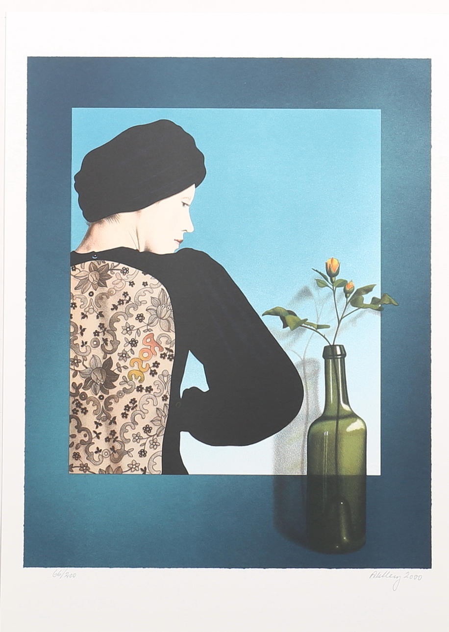 OLE AHLBERG. Modell med blomma i flaska. Serigrafi. Signerad Ahlberg och daterad 2000.