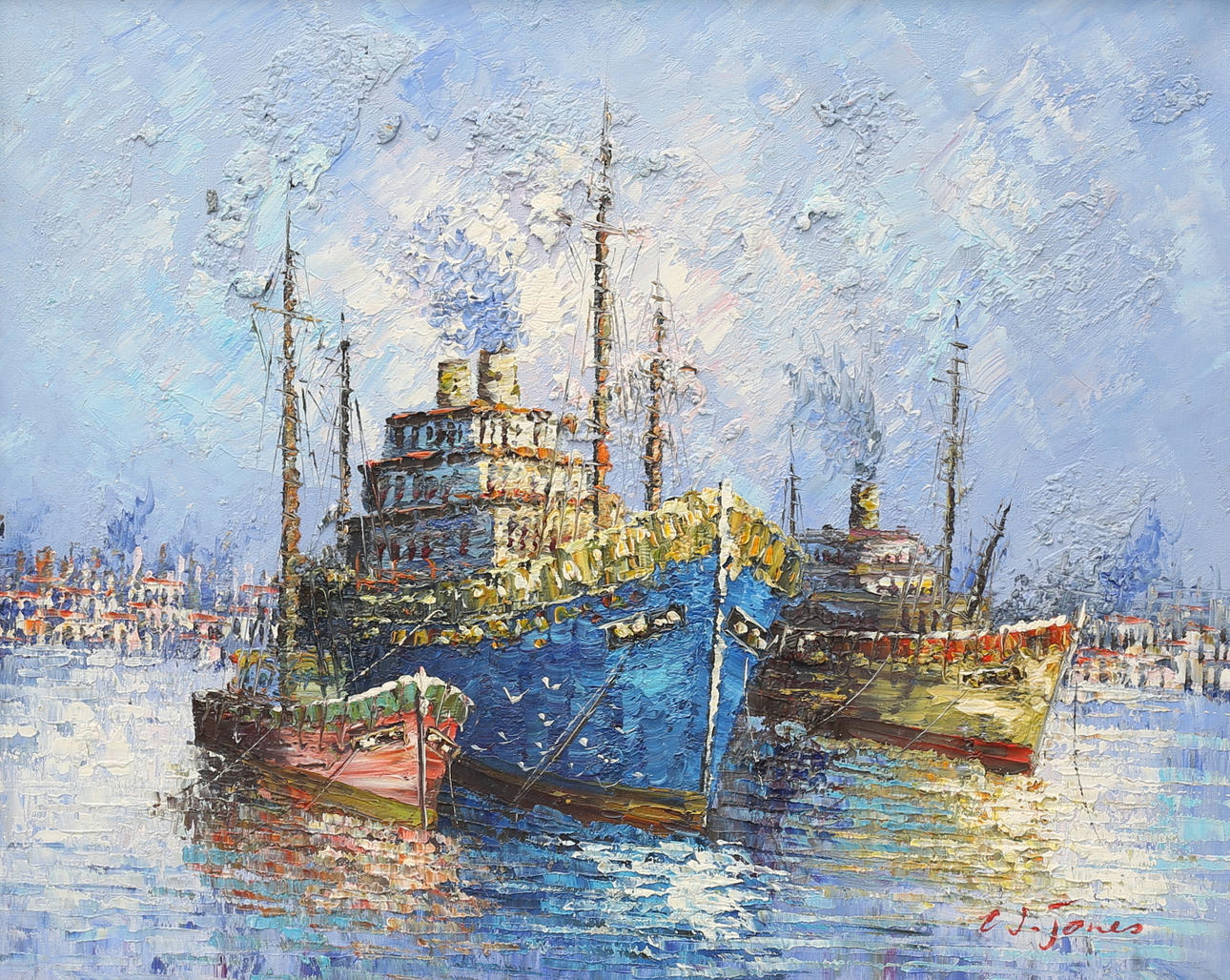 OIDENTIFIERAD KONSTNÄR. Oil on canvas, Motif of a ship. Signed EJ Jones.