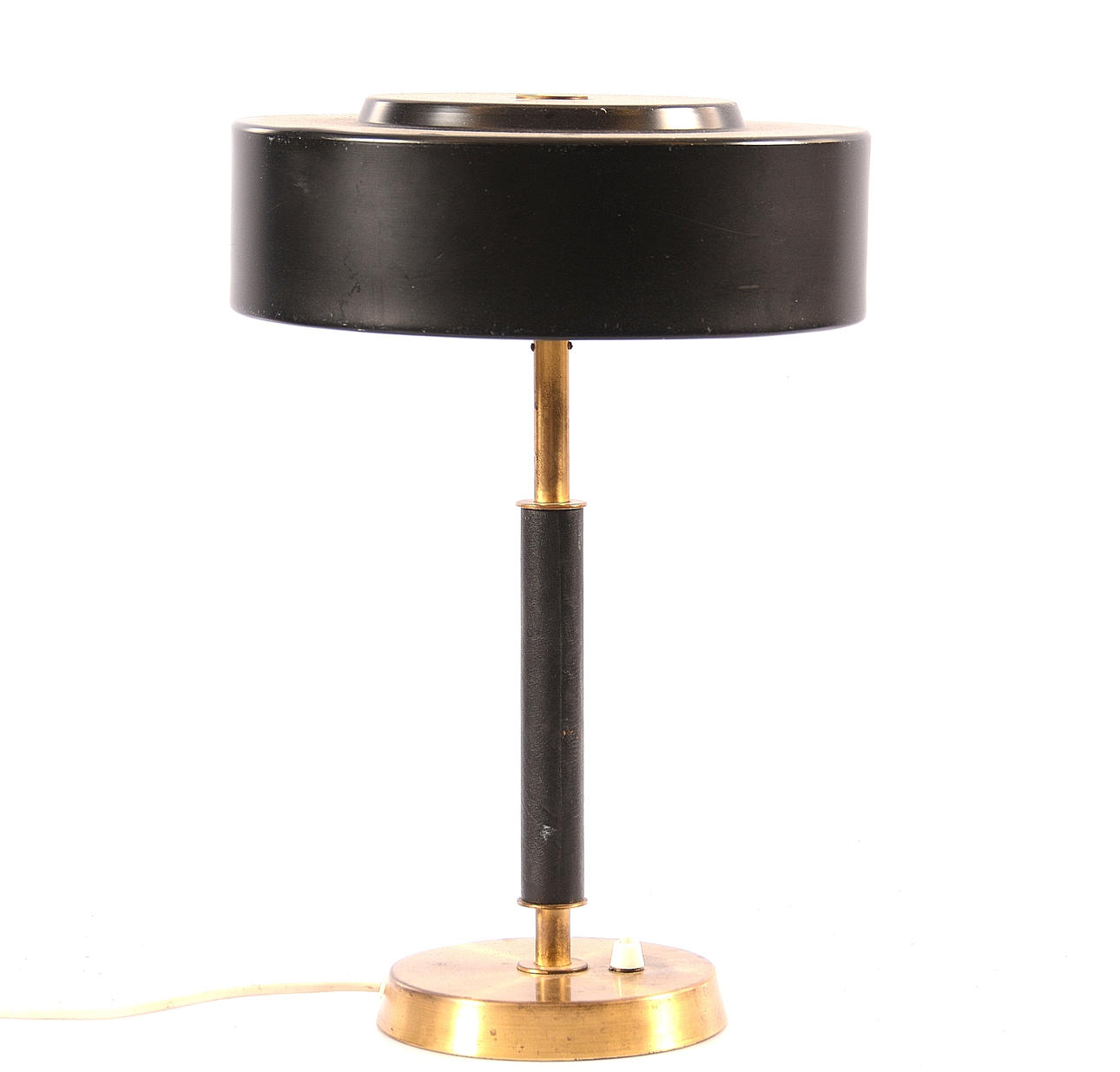 TABLE LAMP, brass with leather covered rod.