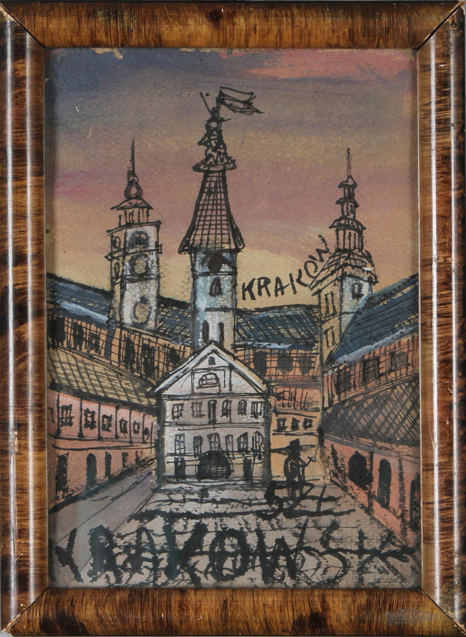 NIKIFOR KRYNICKI. TILLSKRIVEN. Stadsbild från Krakow, akvarell.