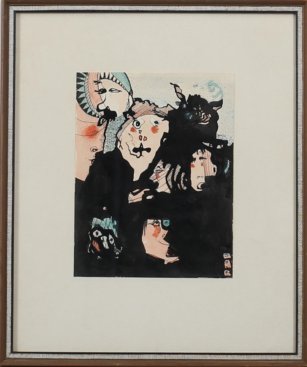 OIDENTIFIERAD KONSTNÄR. Ansikten. Blandteknik. Signerad K B och daterad -69.