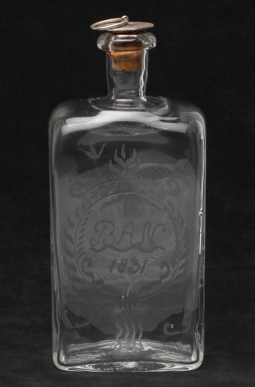 FLASKA, sannolikt Cedersbergs glasbruk, daterad 1831.