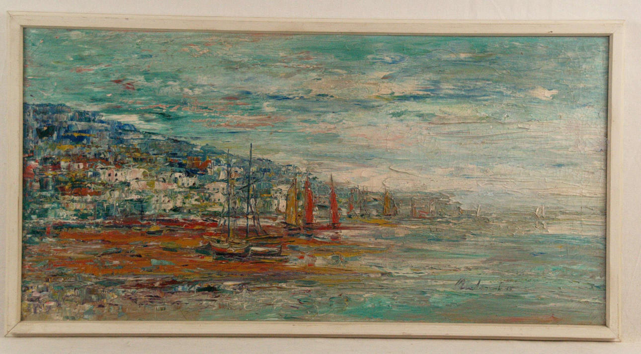 ANTONIO. "MEDITERRANE HAFENANSICHT" ÖLGEMÄLDE.
