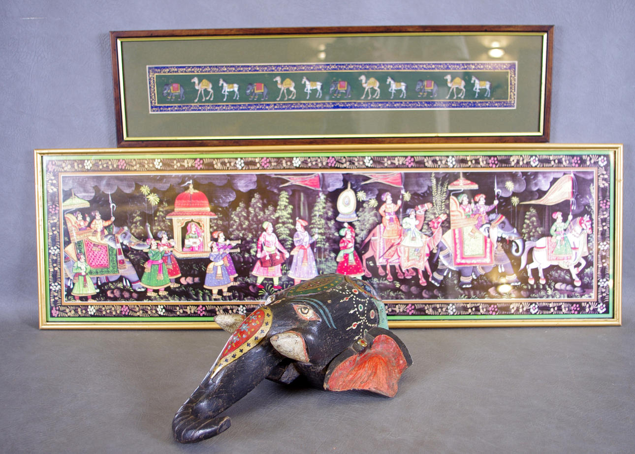 2 TAVLOR SAMT SKULPTUR, BL.A. målat och skulpterat trä, Indien.