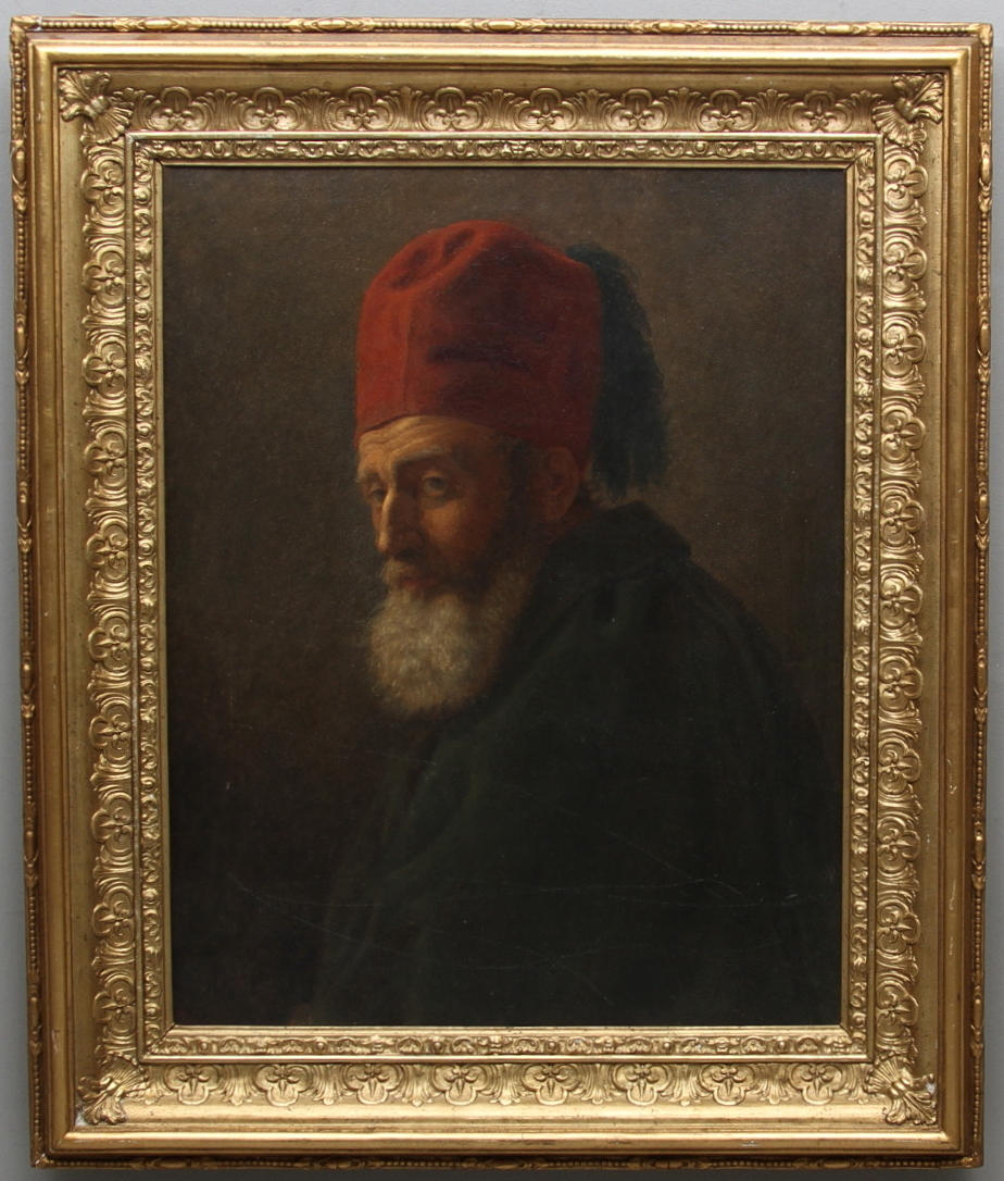 OIDENTIFIERAD KONSTNÄR. Duk uppklistrad på pannå, "Turkisk man i Fez", signerad, 1800 tal.