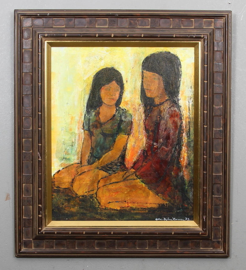 CHRISTIAN BJÖRN LARSEN. Olja på duk "Motiv med barn", daterad 73.