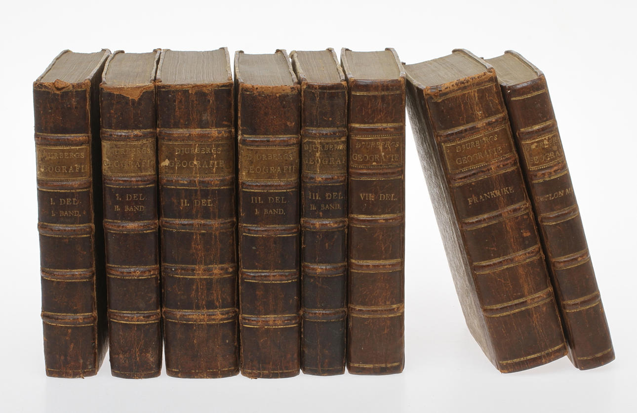 BÖCKER, 8 volymer, halvfranska band, "Geografie", Daniel Djurberg, 1785-1805.