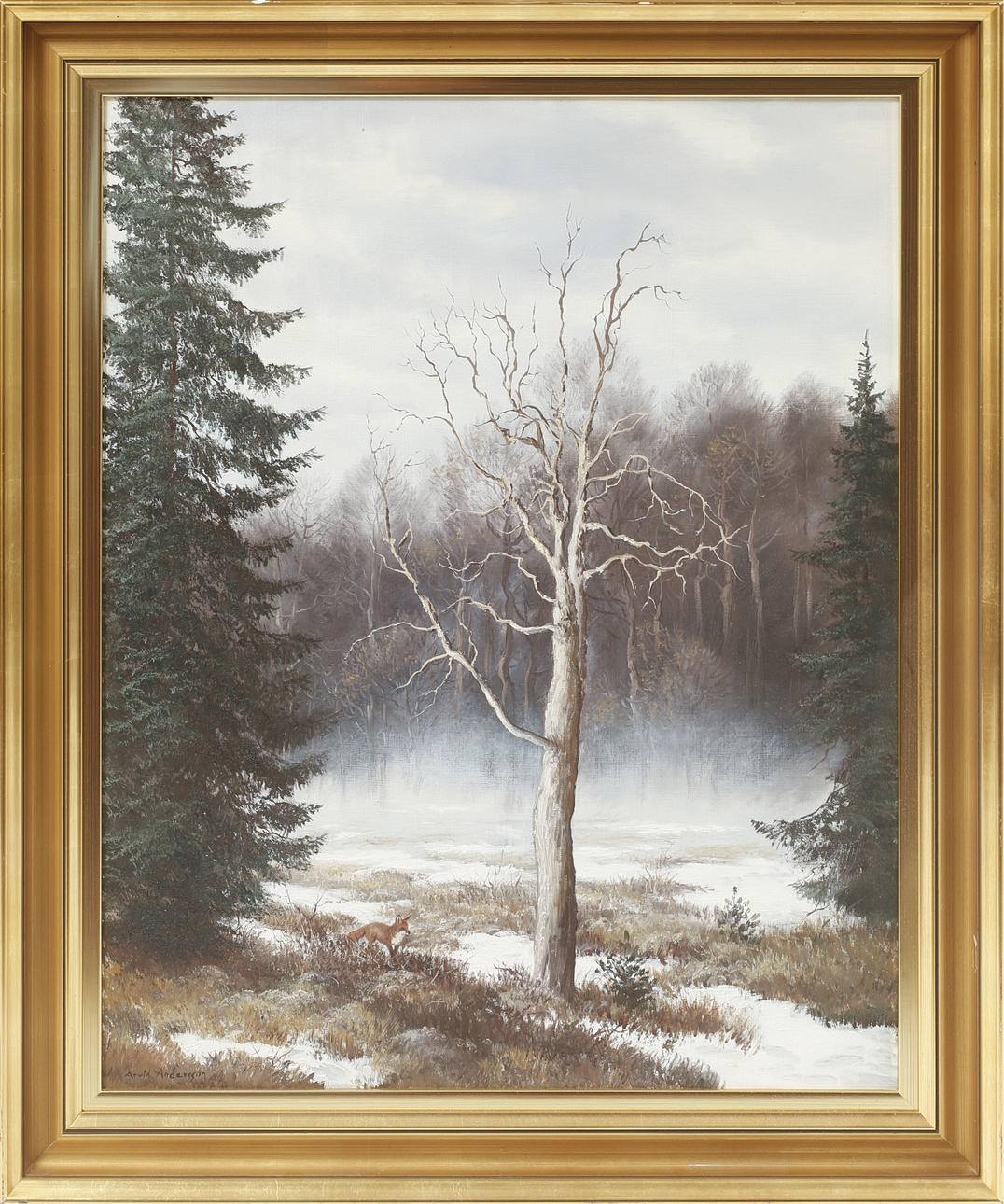 ARVID ANDERSSON. Fox in winter landscape, oil on canvas, signed.