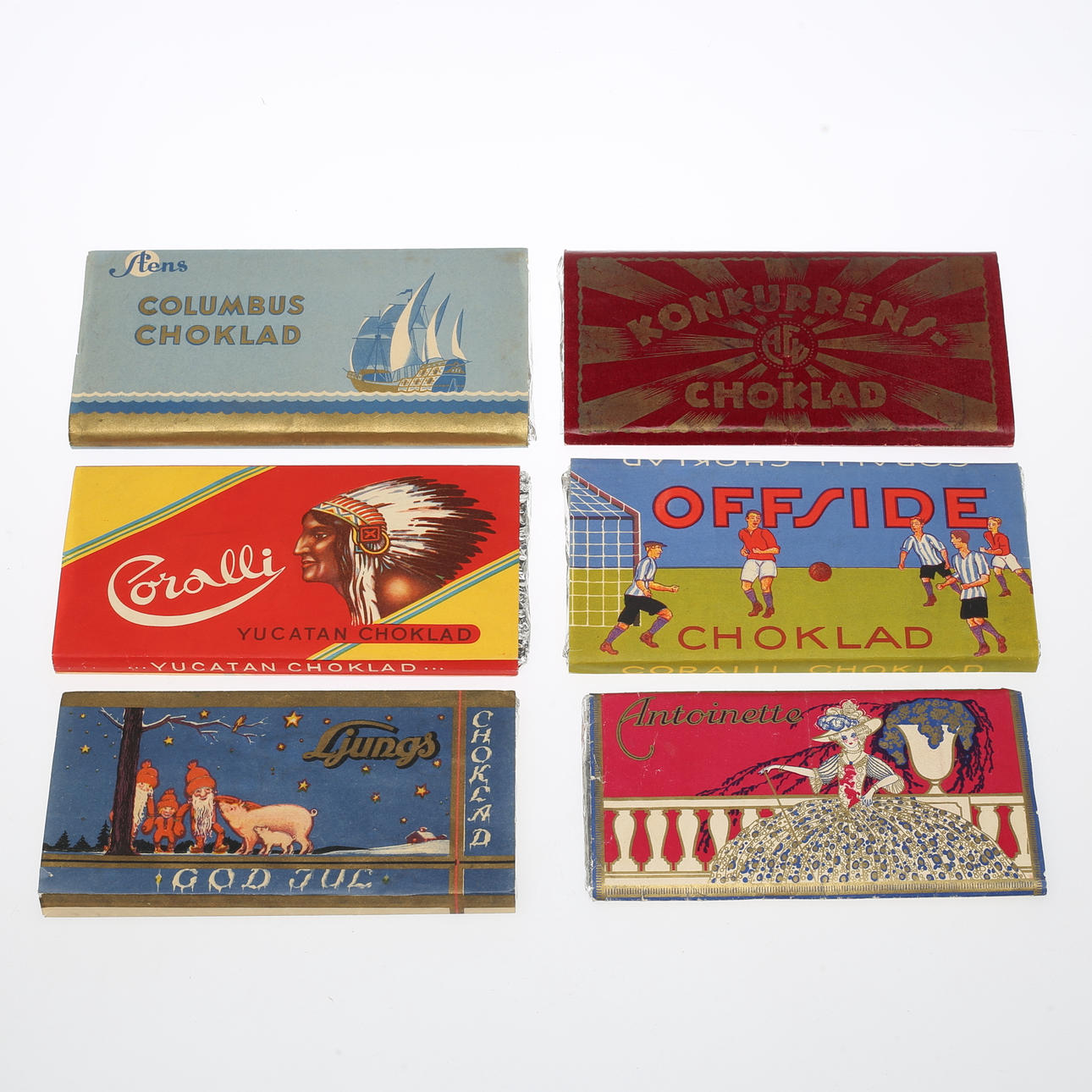 CHOKLADFÖRPACKNINGAR, 6 st, 1900-talets första hälft.