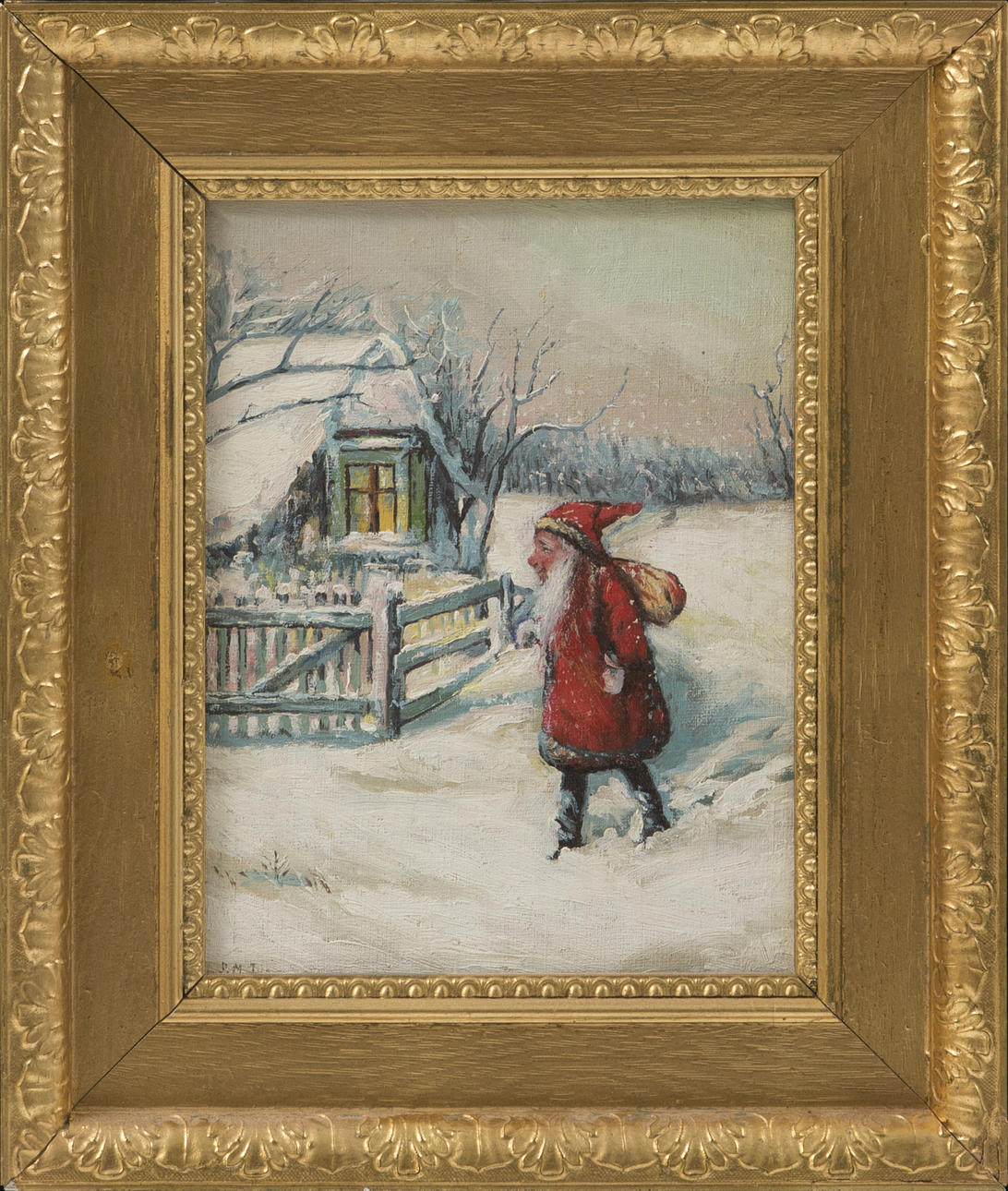 EDITH FORSLIN. Winterbild mit Weihnachtsmann, Öl auf Platte, monogrammiert.