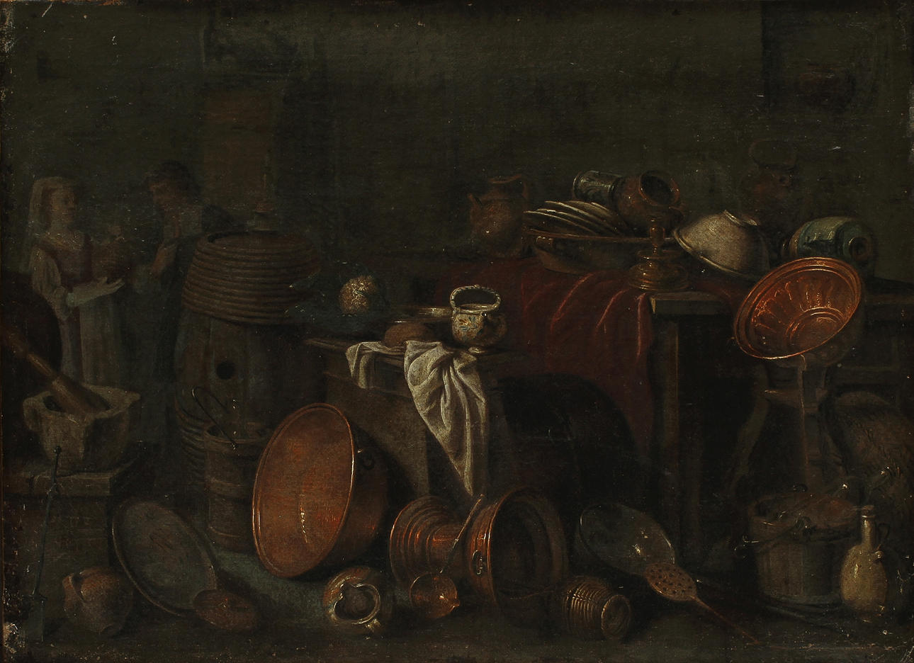 OKÄND KONSTNÄR. 1700-talets förra hälft. Köksinteriör. Olja på duk.