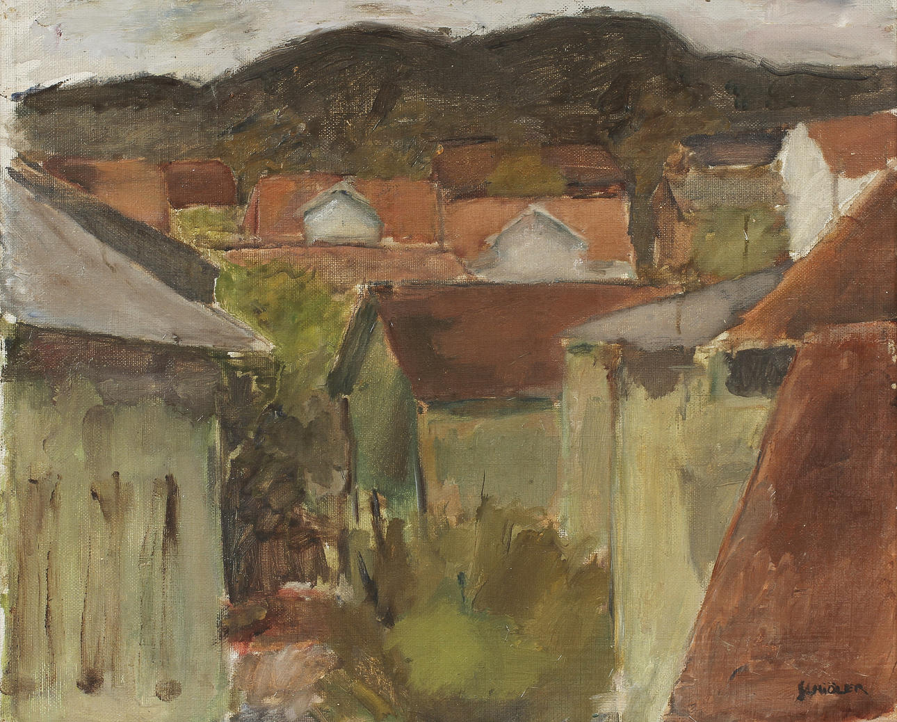 INGE SCHIÖLER (1908-1971). Kustsamhälle. Olja på duk.