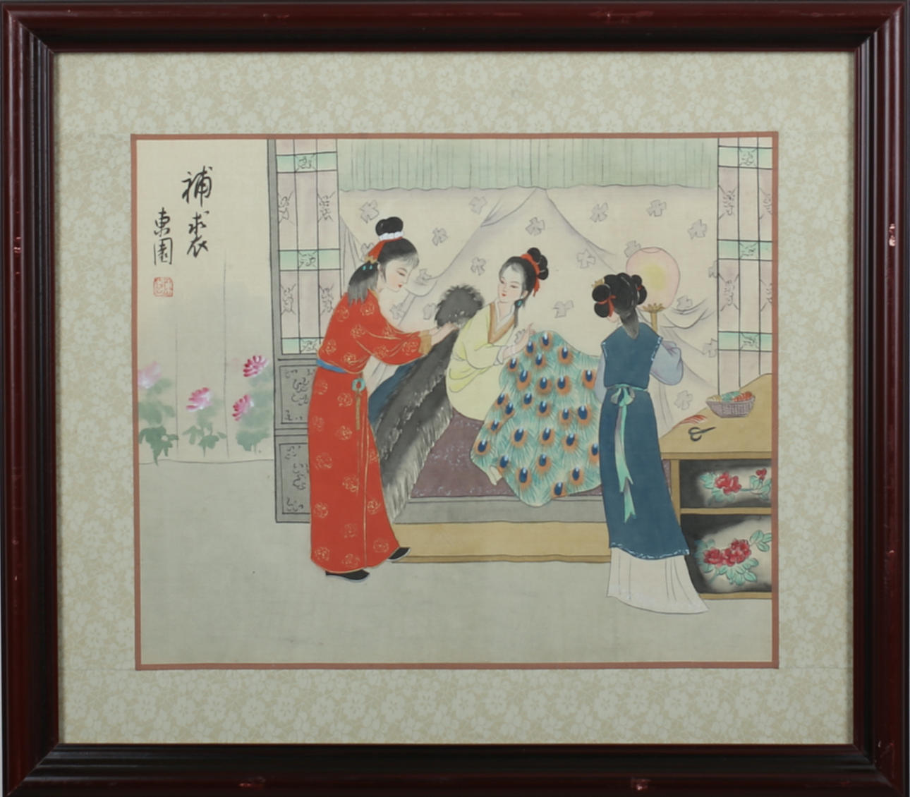 OIDENTIFIERAD KONSTNÄR. Tre kvinnor. Japanskt sidenmåleri, 1800-tal. Signerad.