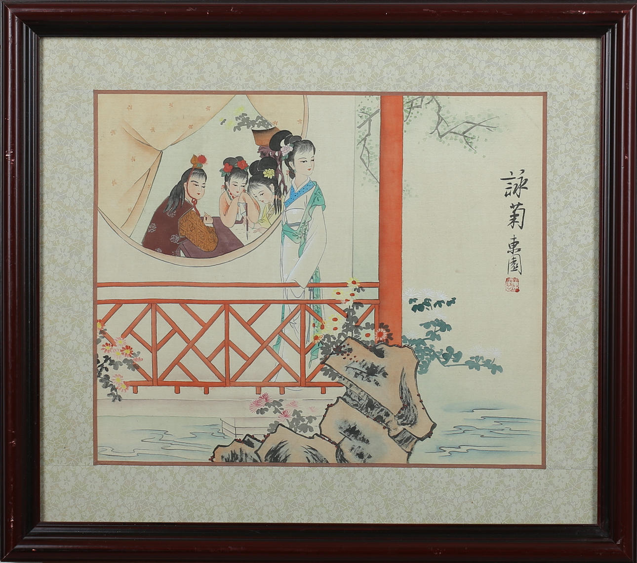 OIDENTIFIERAD KONSTNÄR. Fyra kvinnor. Japanskt sidenmåleri, 1800-tal. Signerad.