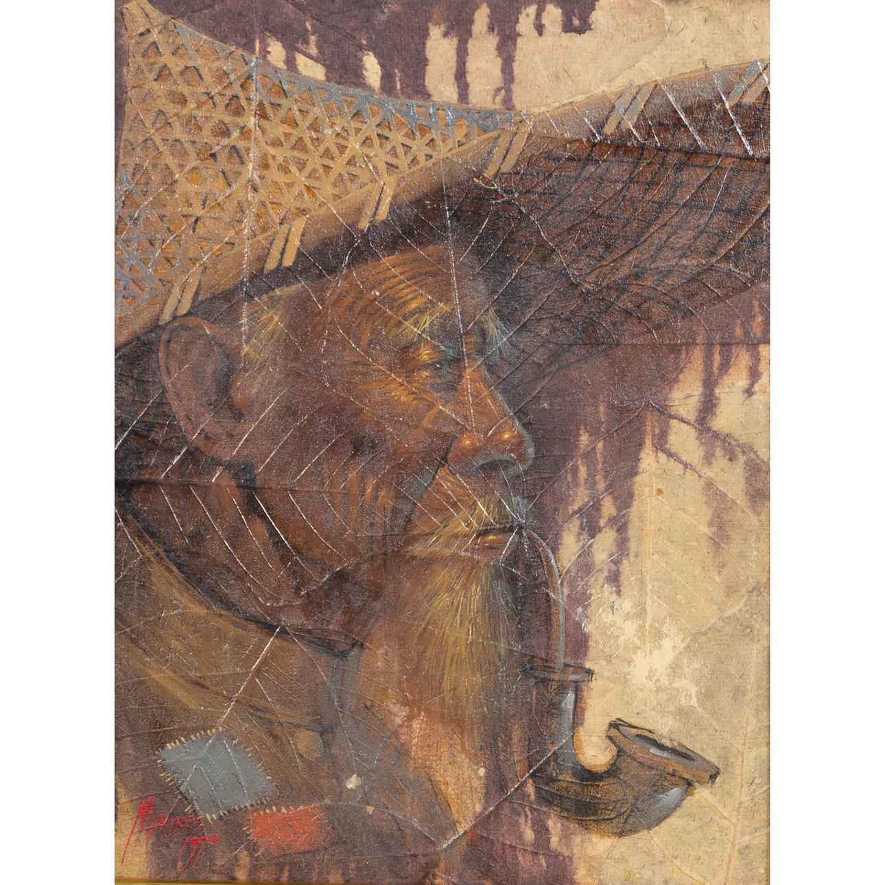 MAITREE JUNTROOPAMAI. Leaf painting, man with pipe, signed Maitree, dated 1978.