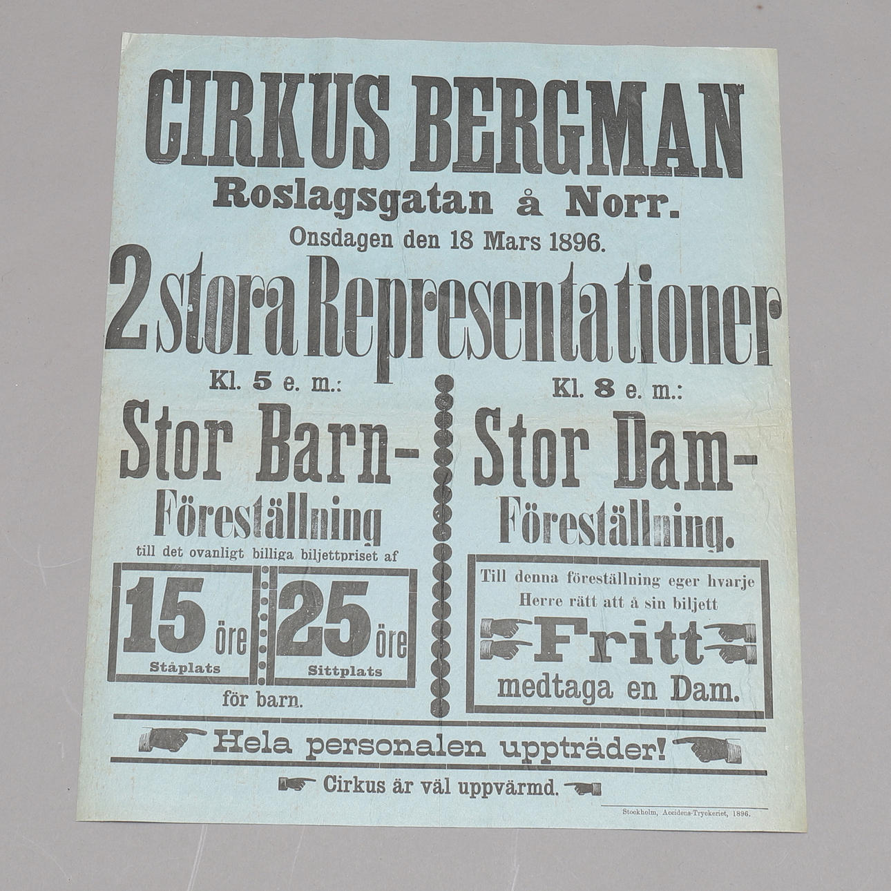 AFFISCH, "Cirkus Bergman", 1896, linnad.