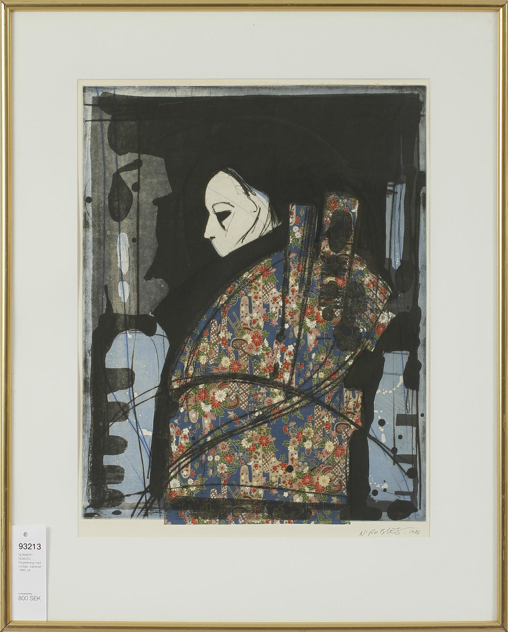 NORBERT ROBLES. Färgetsning med collage, signerad 1986.