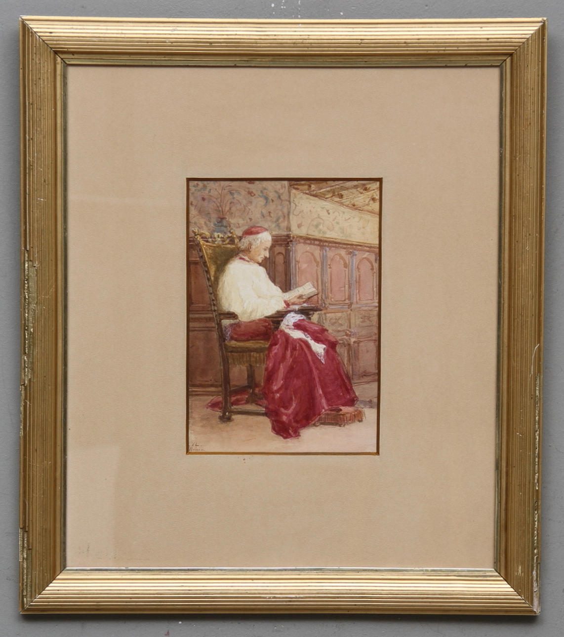 OKÄND KONSTNÄR. Akvarell, Läsande kardinal, Monogramssignerad V.L samt Roma.