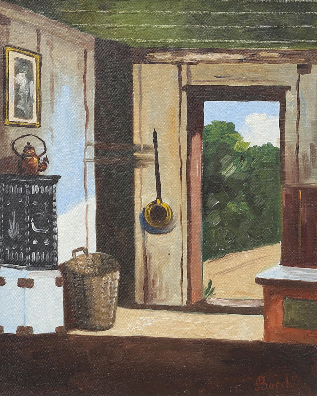 BARBRO BORCH. "Interior from Dalarna". Oil on canvas, signed.