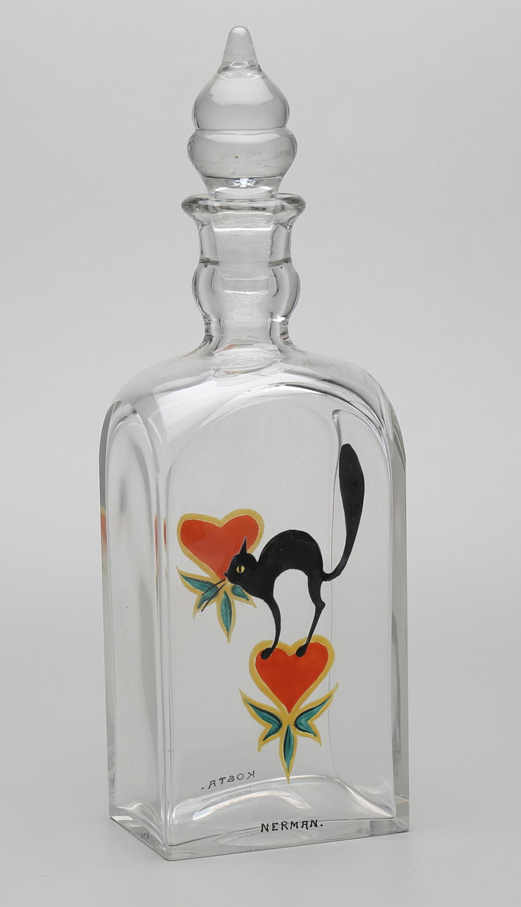 EINAR NERMAN. BRÄNNVINSFLASKA, glas, Kosta, 1920-tal.