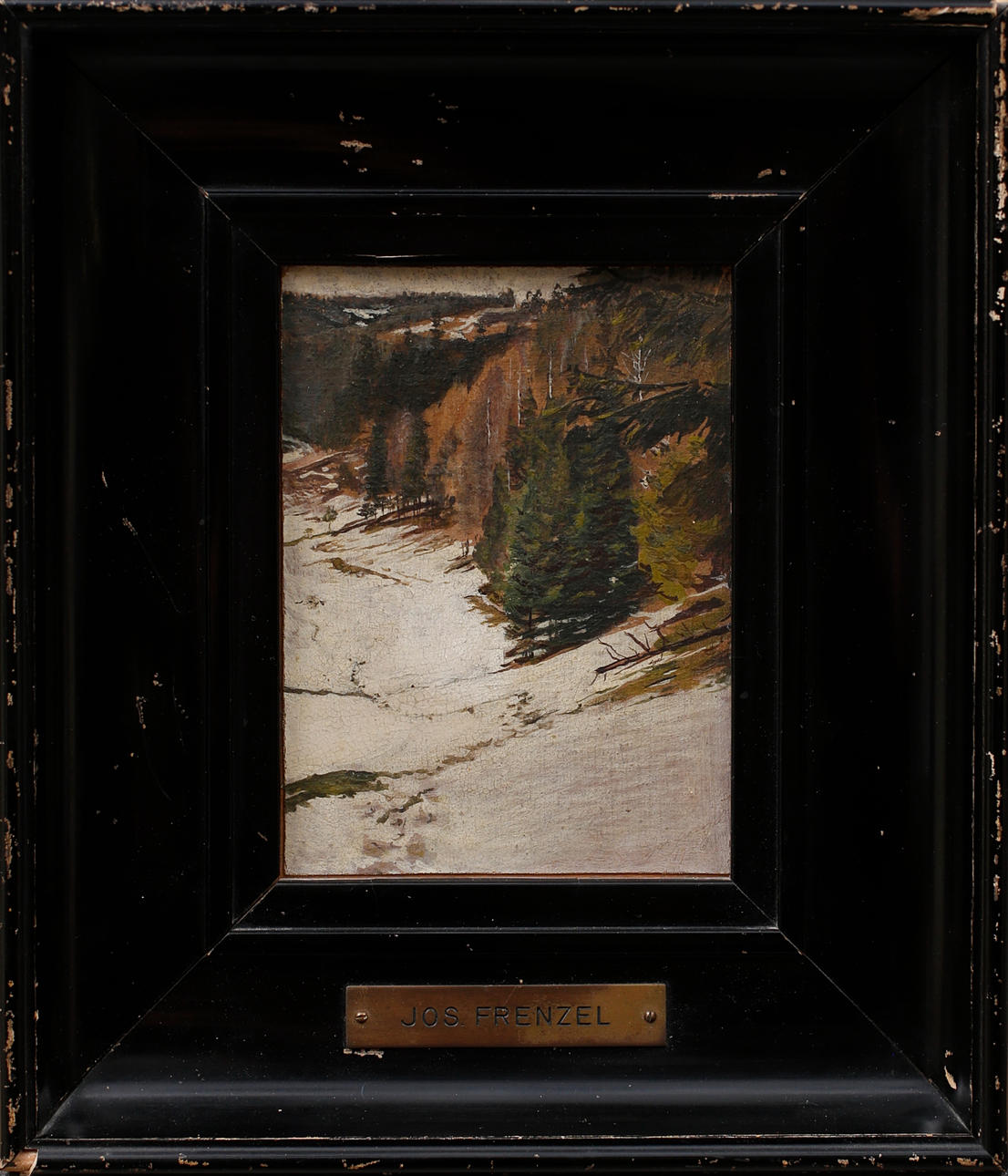 OIDENTIFIERAD KONSTNÄR. Oil on Board, valley in snow, signed Jos. Frenzel, dated 1926.