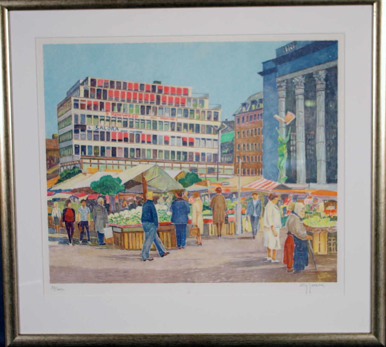 STIG JONZON. Marknad på Hötorget, färglitografi.