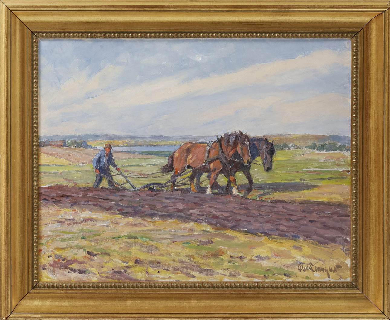 ALEXANDER LANGLET. Plowing, oil on canvas, signed.