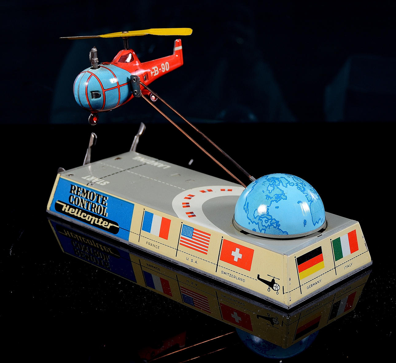 TOY HELICOPTER, lithographed plate, Remote control, Biller Bahn, 1950s.