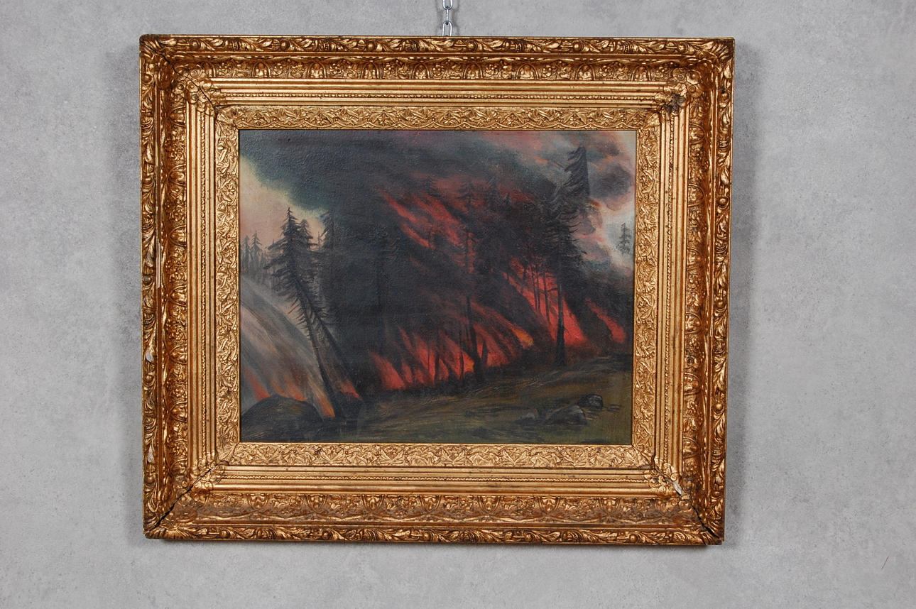 OKÄND KONSTNÄR. olja på pannå, " Skogsbrand ".