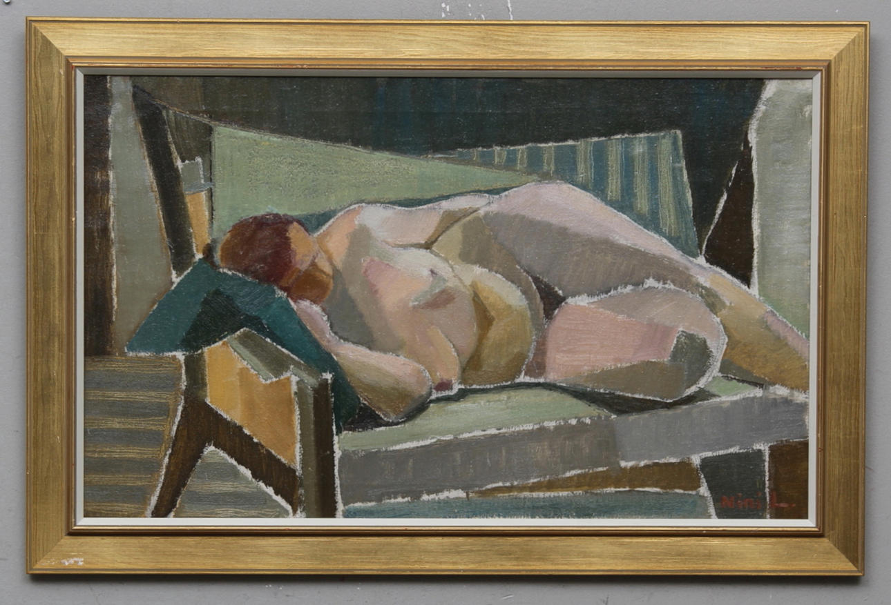 OIDENTIFIERAD KONSTNÄR:. Vilande modell. Sign. Nini L.