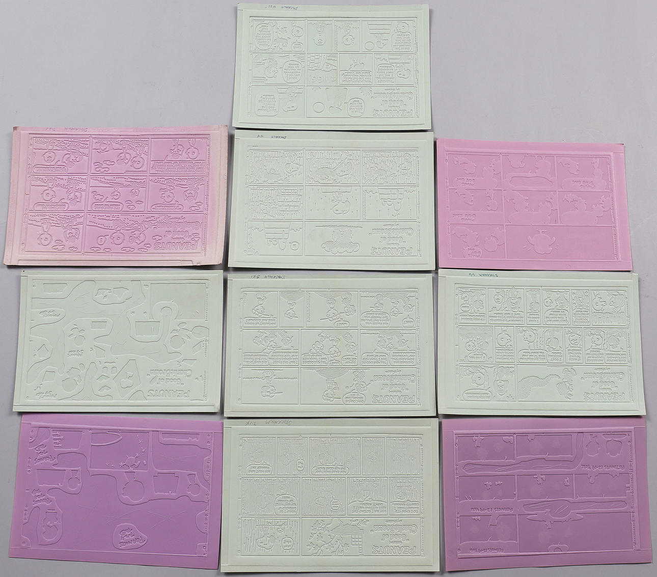 TRYCKPLÅTAR i kartong med seriestrippar för dagstidning, 10 st, Peanuts Featuring Good ol Charlie Brown, Schultz.