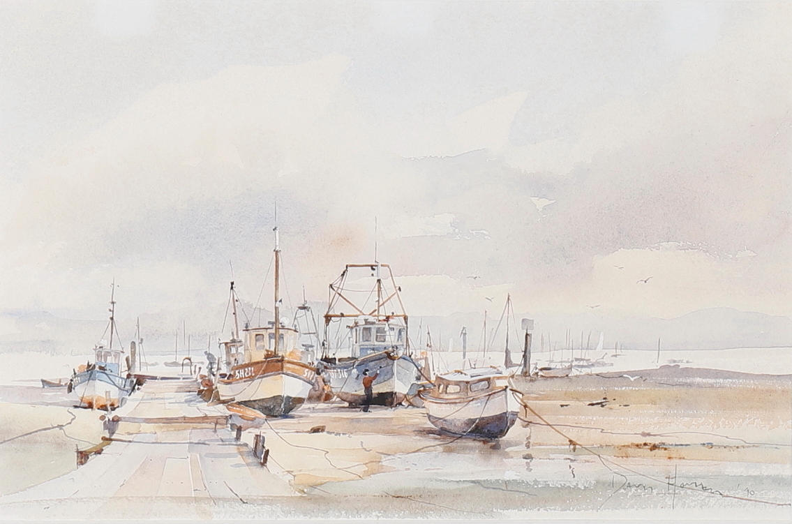 DAVID HOWELL (B. 1939). BARCOS DE PESCA EN DIQUE SECO.