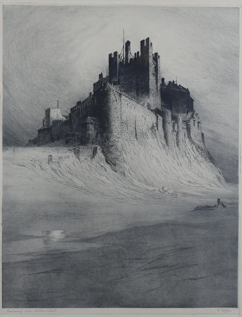 AXEL TALLBERG. Etsning, "Bamborough Castle. Northumberland", signerad.