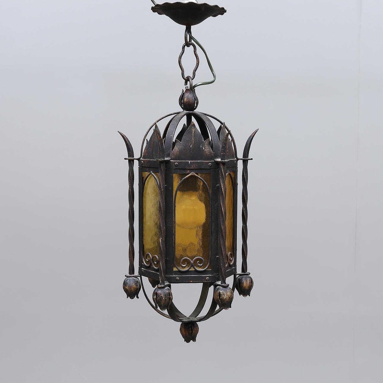 CEILING LANTERN, wrought iron and glass, 1900s.