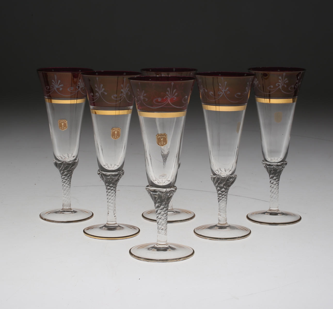 CHAMPAGNE GLASSES, 6 pcs, labeled Crystal CEV.