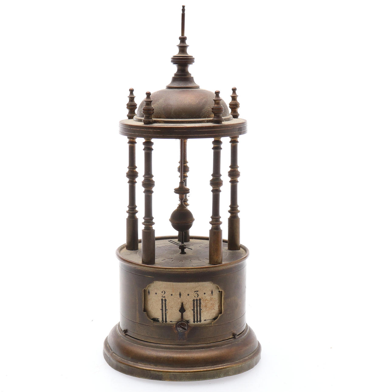 TABLE CLOCK, brass, alarm function, conical pendulum, mid-20th century.