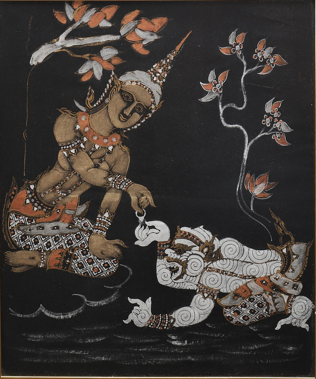 TAVLA, textil/tusch, indisk gud.