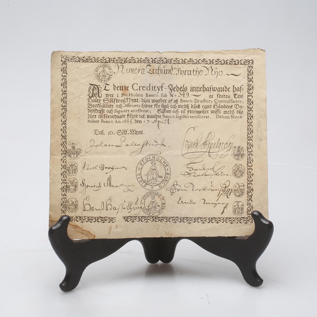 VALÖR, copy of bill of sale from Stockholms Banco An. 1666 on April 17.