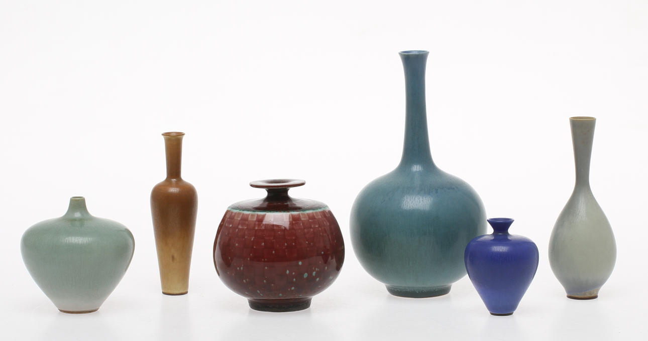 MINIATYRER/VASER, 6 st, stengods, Berndt Friberg, Gustavsberg.