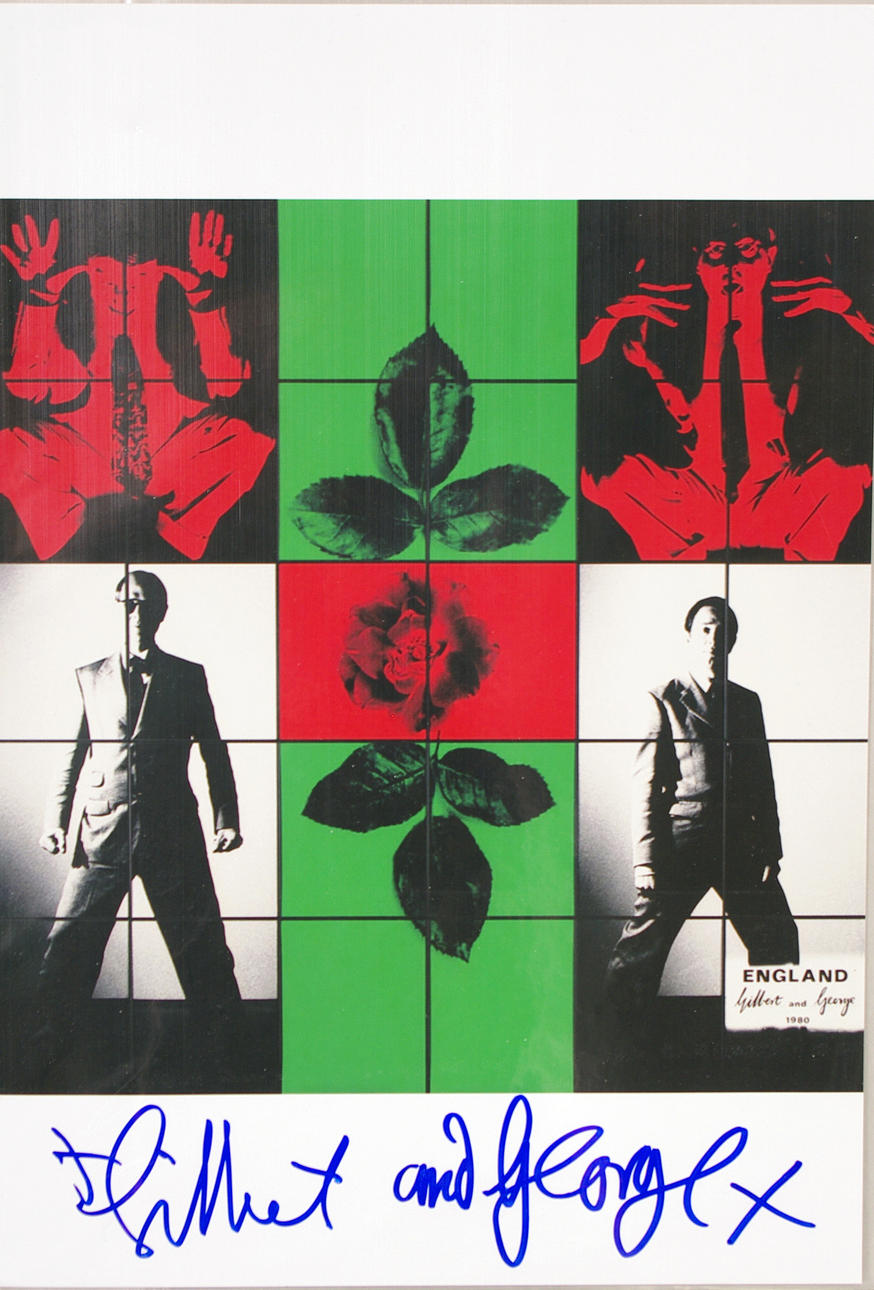 GILBERT & GOERGE. EFTER. komposition med självporträtt, signerad färgreproduktion.