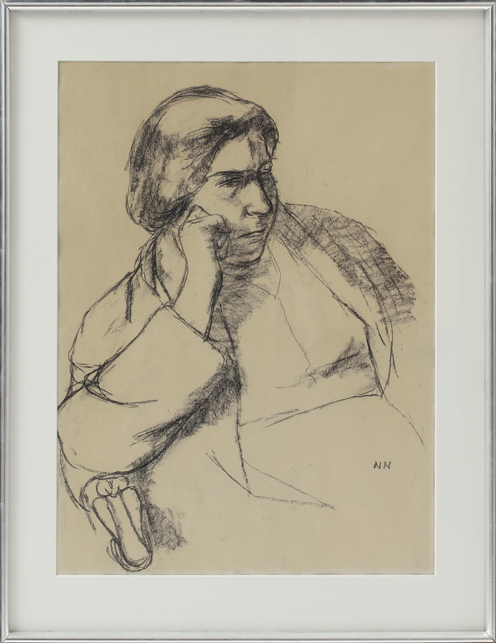NILS NILSSON. Portrait, carbon drawing, monogram signed.