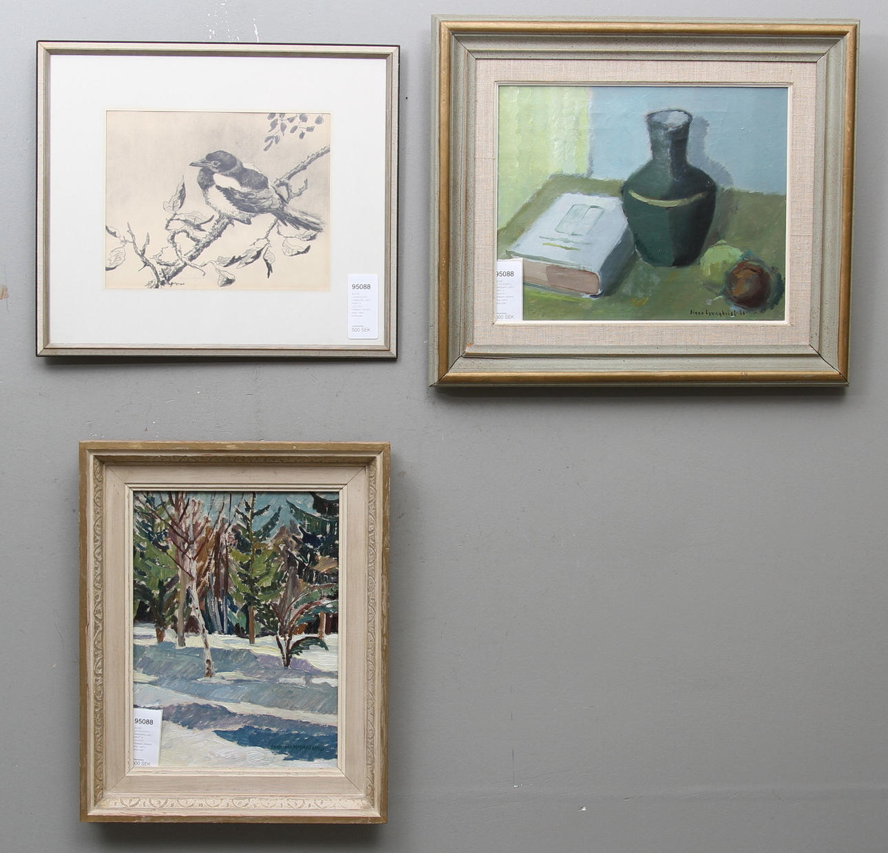 SIGGE LJUNGQVIST, I.HAMMARLUND SAMT A. LIDQVIST. stilleben, vårlandskap, samt skatunge.