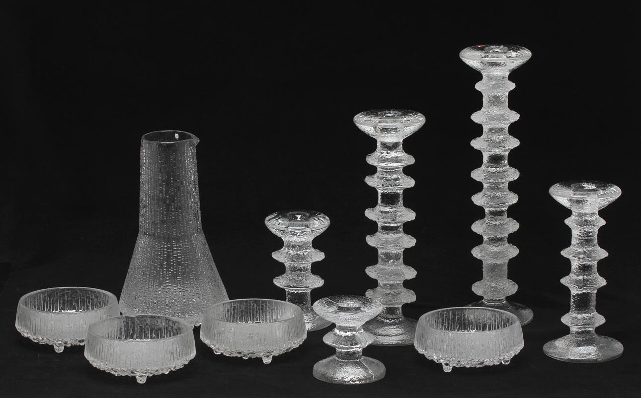 PARTI GLAS, 9 delar, bla ljusstakar "Festivo", Timo Sarpaneva, Iittala.