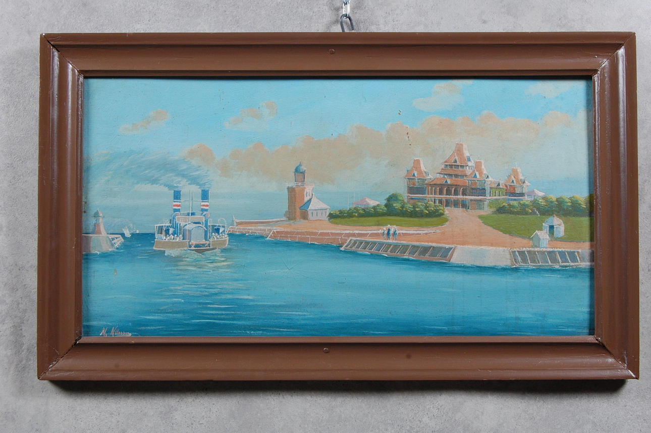 MÅLNING, olja på pannå," Parapeten Helsingborg " signerad N. Nilsson.