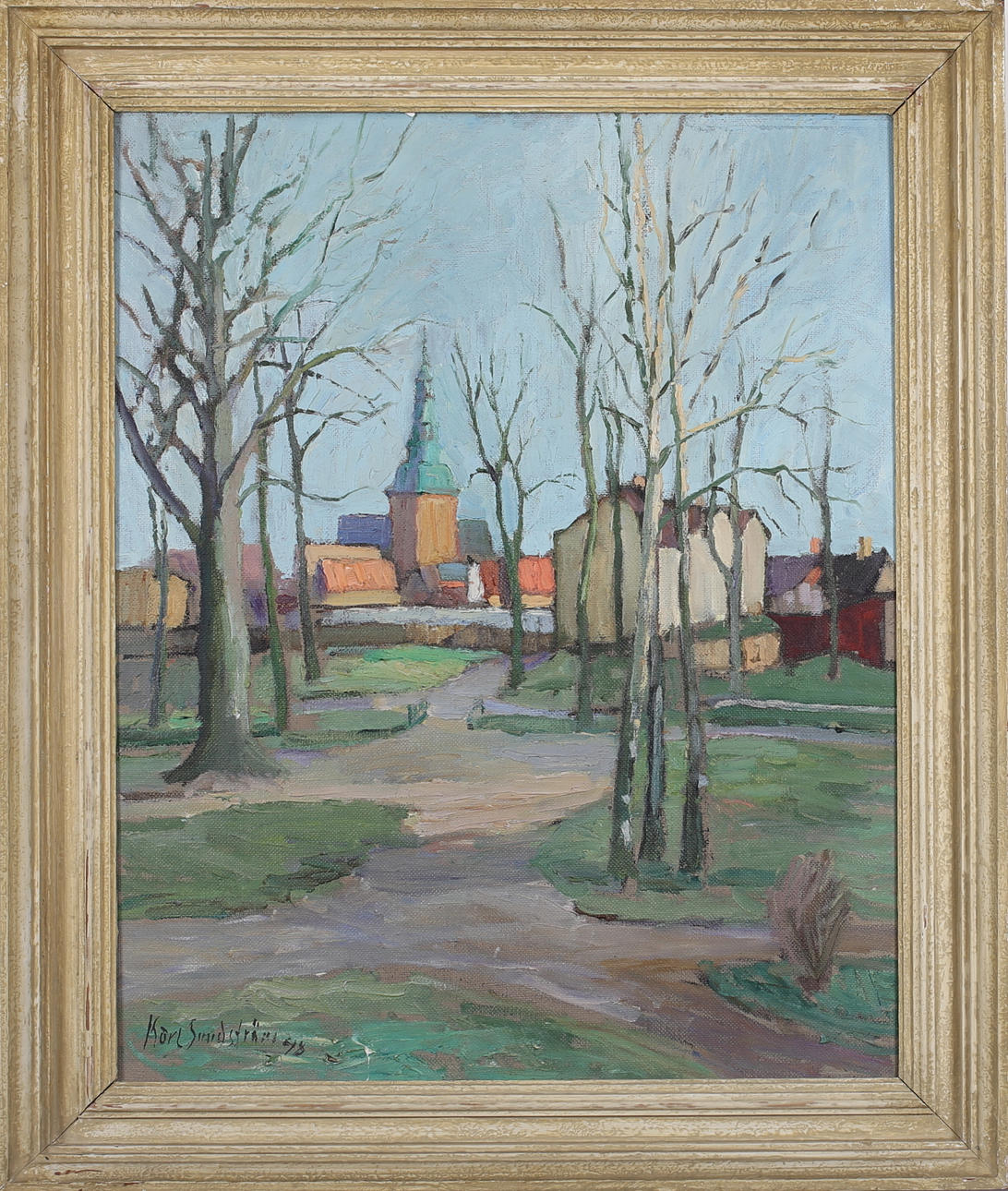 KARL SUNDSTRÖM. Motiv från Ystad. Olja på pannå. Signerad och daterad -48.
