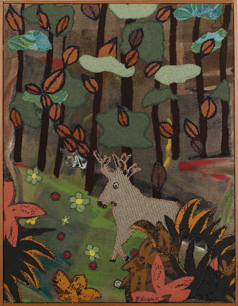 HULDA LINDGREN. Hjort i landskap. Applikation. Signerad H Lindgren och daterad -71.