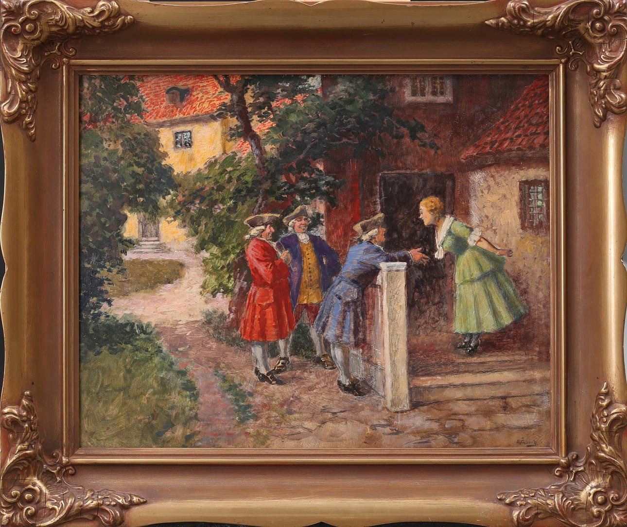 EMIL ÅBERG. Courtship over a wall, oil on Board, signed E Åberg.