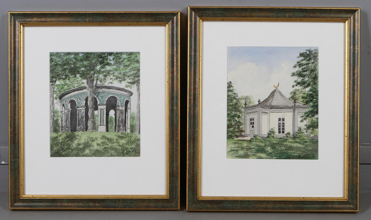 FRITZ LINDSTRÖM. 2 st, bla. motiv från hagaparken, akvarell, signerade.