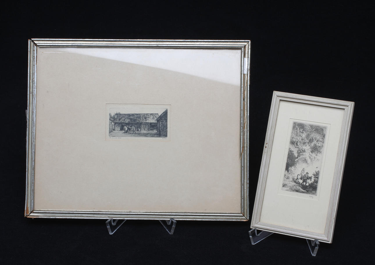 FOLKE GULLBY. Etsningar, 2 st, "En gammal gård" samt kvinna och man i skog, signerade samt daterade i plåt 42 respektive 47.