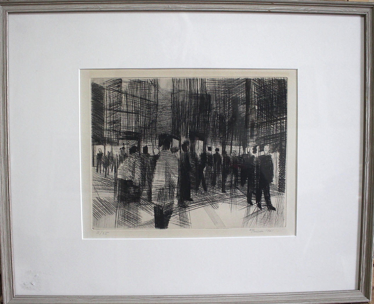 OLLE LARSSON. copper engraving, street view, signed, numbered 2/35, dated 61.